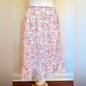 Worthington Pink Orange Pastel Heart Print Chiffon Flutter Hem Casual Skirt 10